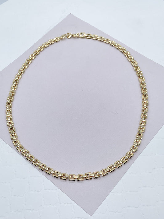 Thick Vintage Style 18k Gold Filled Flat Three Pattern Layered Chain Necklace