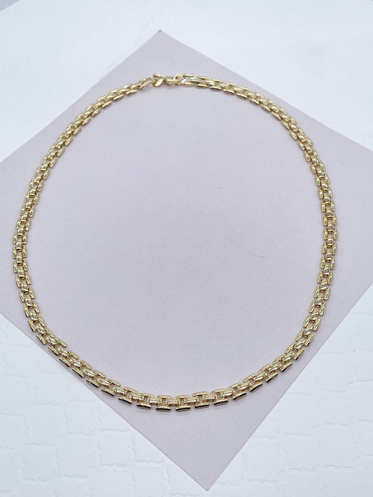 Thick Vintage Style 18k Gold Filled Flat Three Pattern Layered Chain Necklace & Bracelet