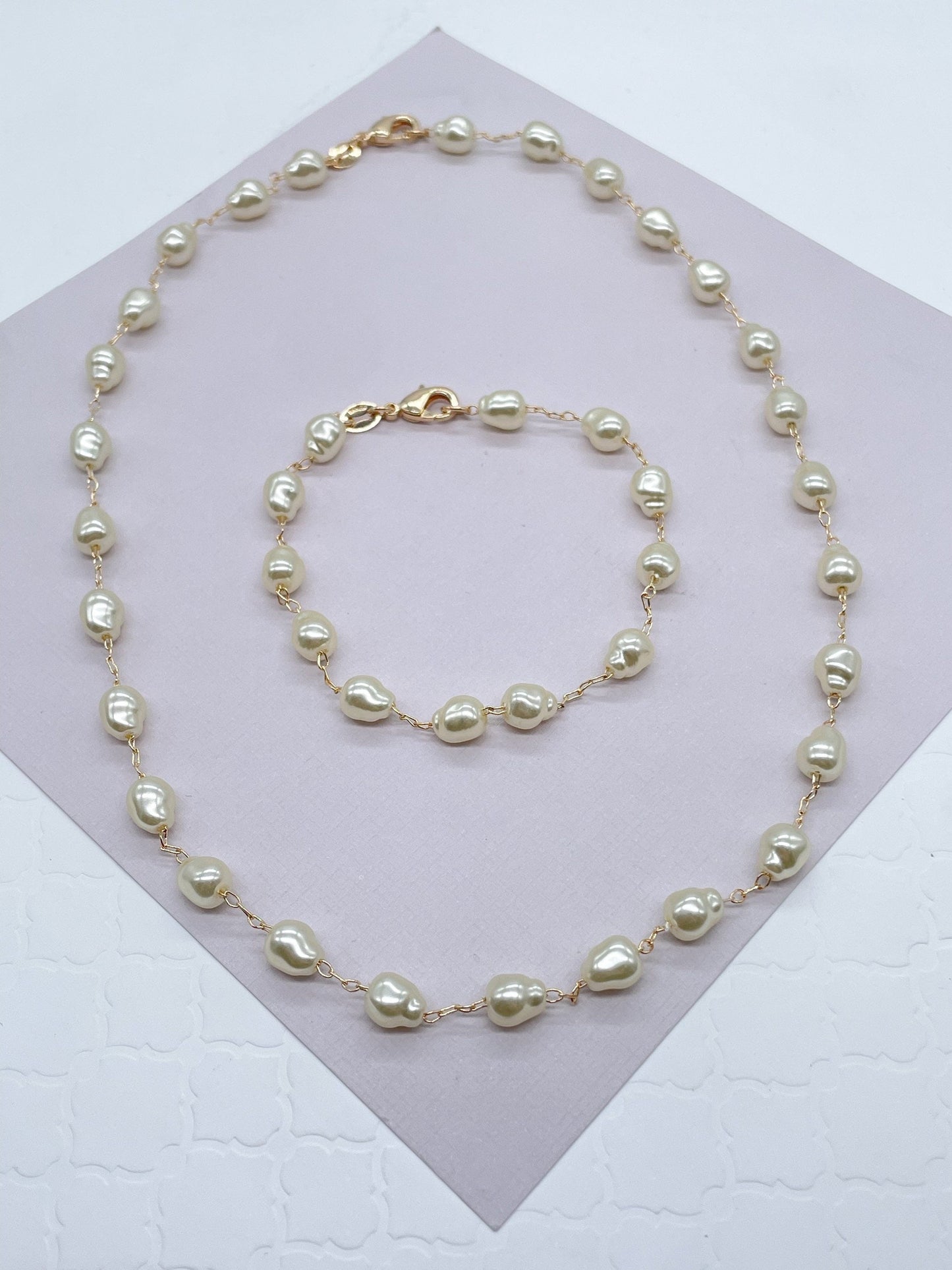 18k Gold Filled Pearl Jewelry Set: Cream Biwa Pearl Necklace & Bracelet
