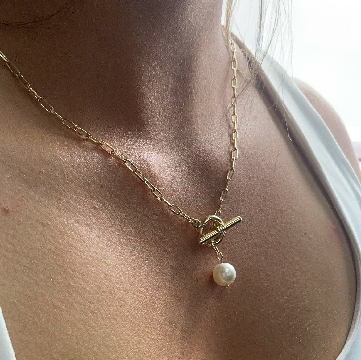 18k Gold Filled Thin Paper Clip Necklace Lariat Featuring Pearl Toggle Closing