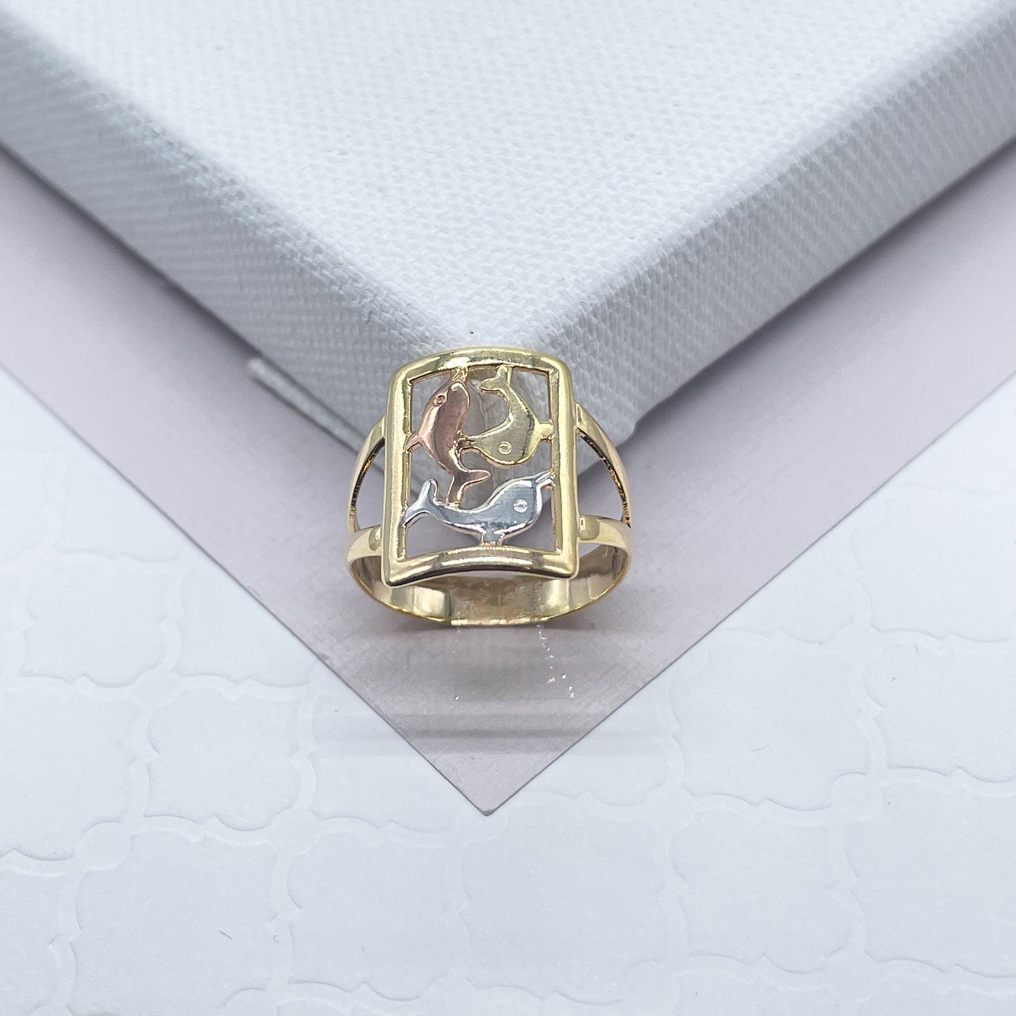 18k Gold Filled Ring With Tri-Colored Dolphins Hallowed Ring Tricolor Dolphins