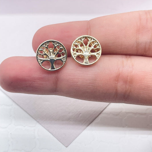 Casting 18k Gold Filled Plain Tree of Life Circle Stud Earrings, Mother Earth Jewelry