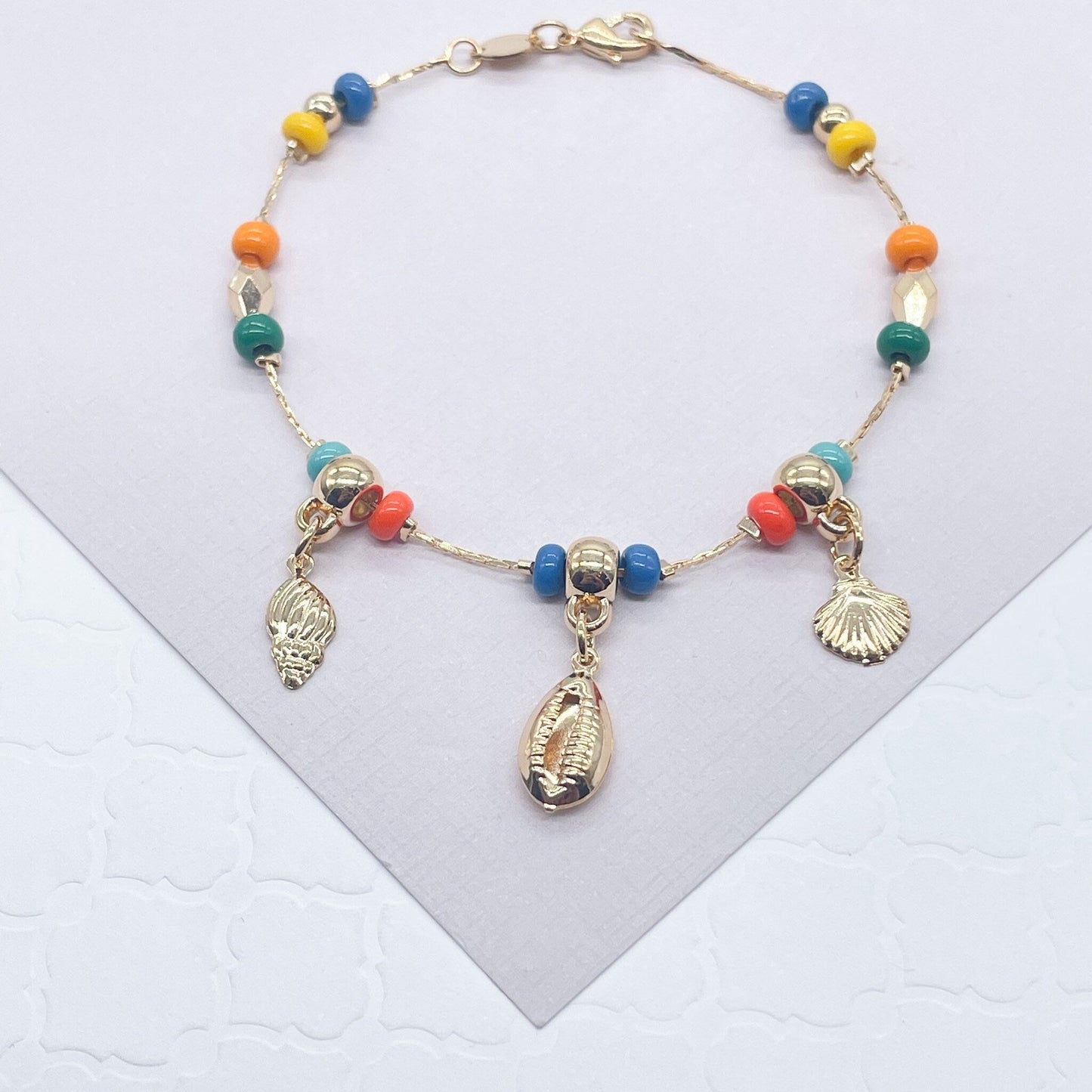18k Gold Filled Colorful Bead Bracelet Featuring Ocean Cowrie Shell Charms, Sea Shell, Protection Jewelry, Marine Inspired Jewelry
