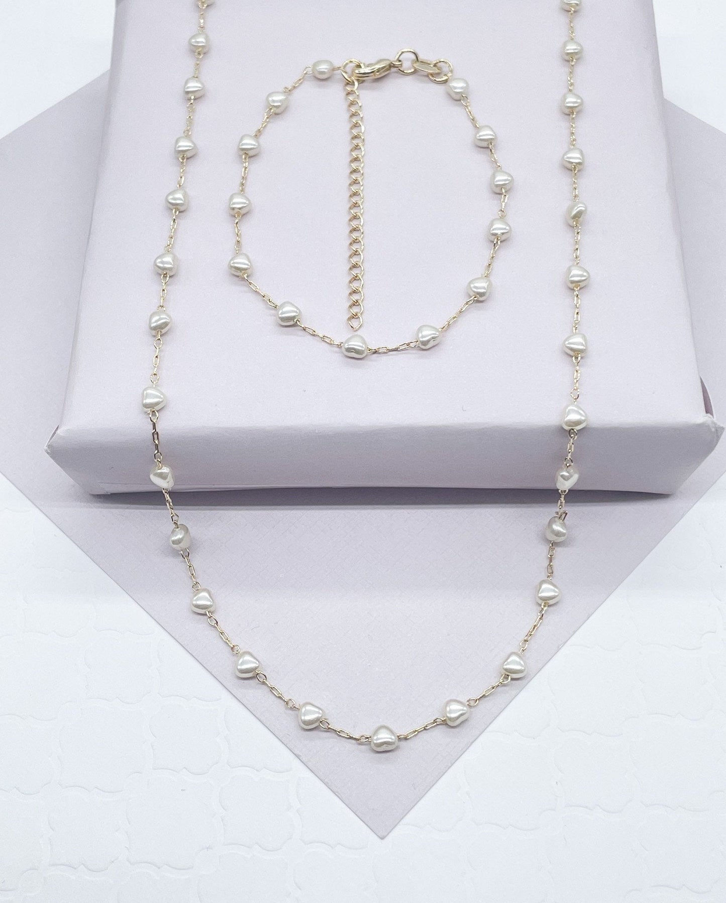 18k Gold Filled Tiny Heart Shape Pearl Set
