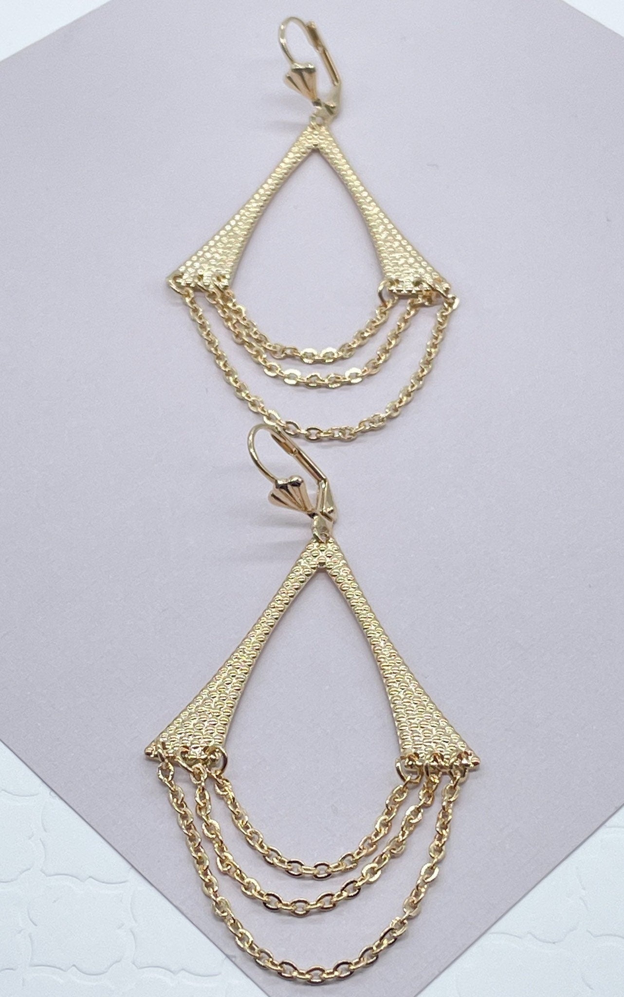 18k Gold Filled Light Chandelier Dangling Earrings Featuring 3 Cable Chain And Texture Wishbone Like Style Protection