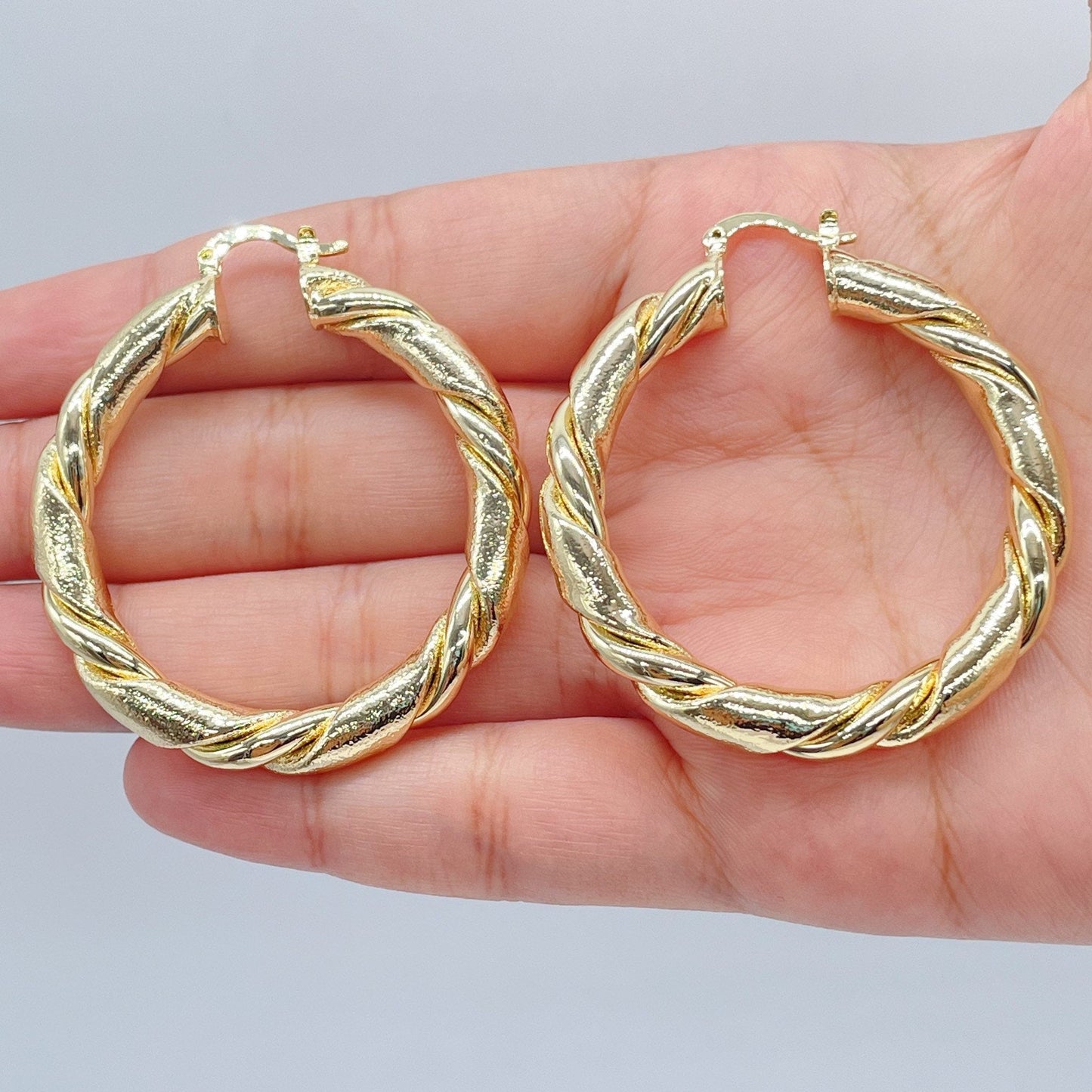 18k Gold Filled Twisted Hoop Earrings: Matte & Plain Tube, 6mm Thick