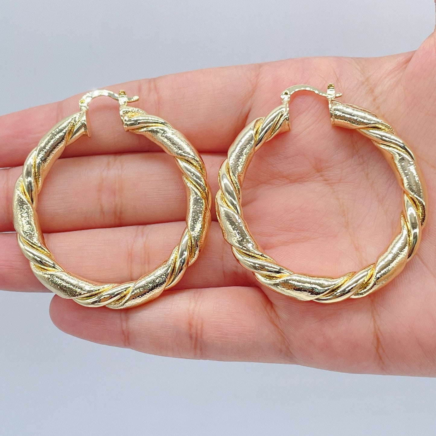 18k Gold Filled 6mm Thick Twisted Plain And Matte Tube Hoop Earrings Available