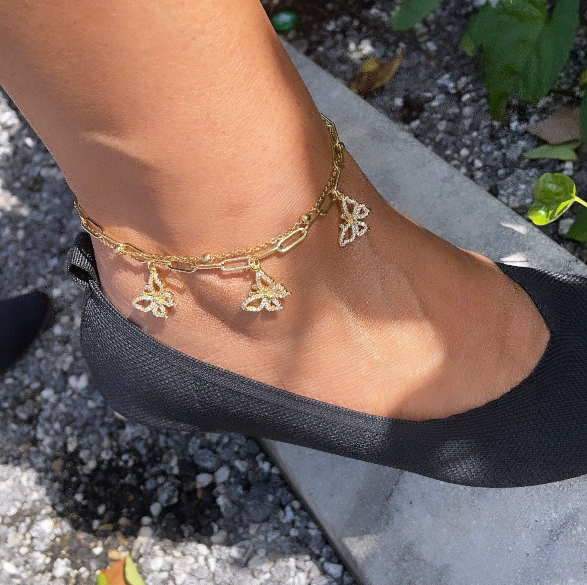 18k Gold Filled Multi-Color CZ Butterfly Charm Anklet, Owl, Elephant, Dolphin, Star, Pineapple, Heart Lock Charm Anklet, Satellite Anklet