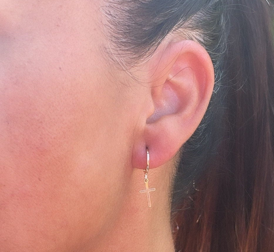 18k Gold Filled Tiny Plain Hanging Cross Hoop Earrings Jewelry