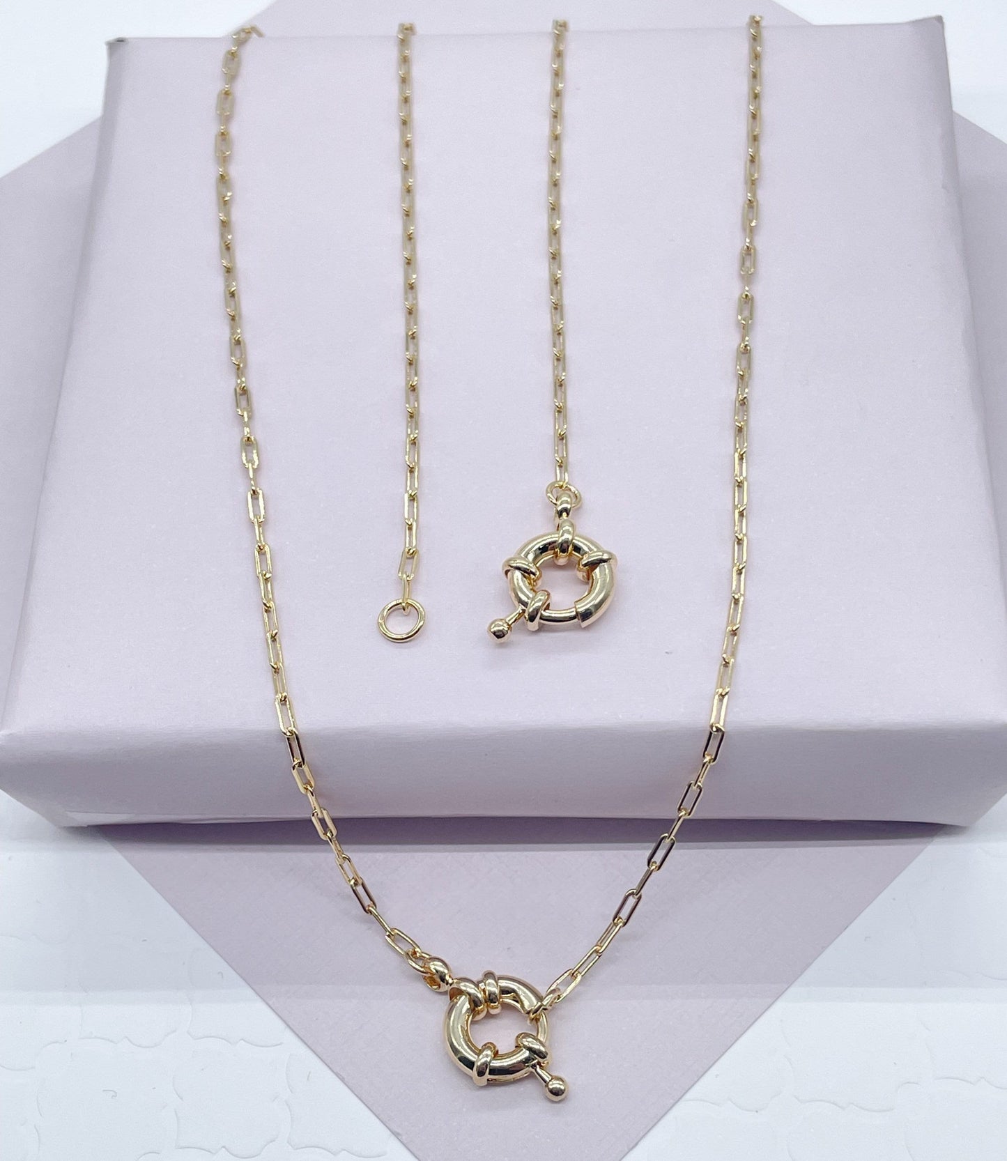 18k Gold Layered Dainty Paper Clip Chain Featuring Front Large Spring Clasp,