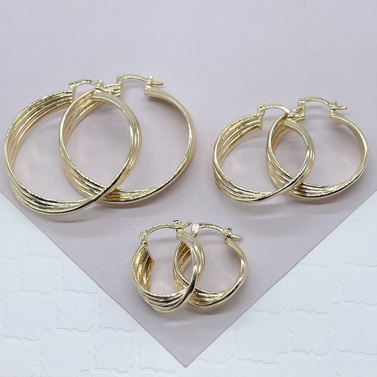 18k Gold Filled Hoop Earrings: Twisted Four Layer Design, 8mm Thick