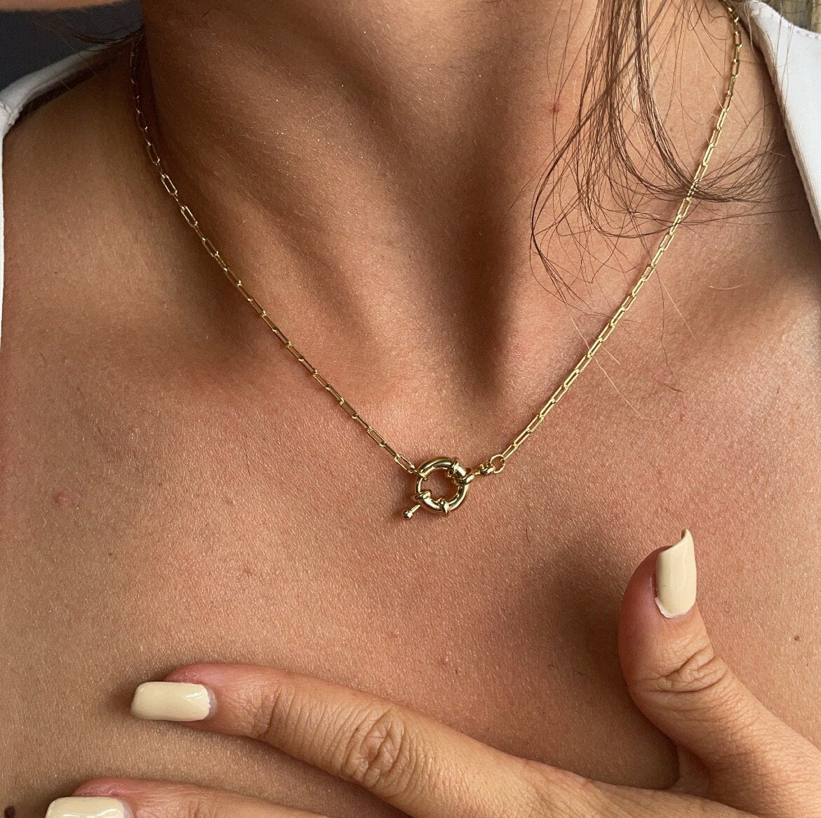 18k Gold Filled Dainty Paper Clip Chain Featuring Front Large Spring Clasp,