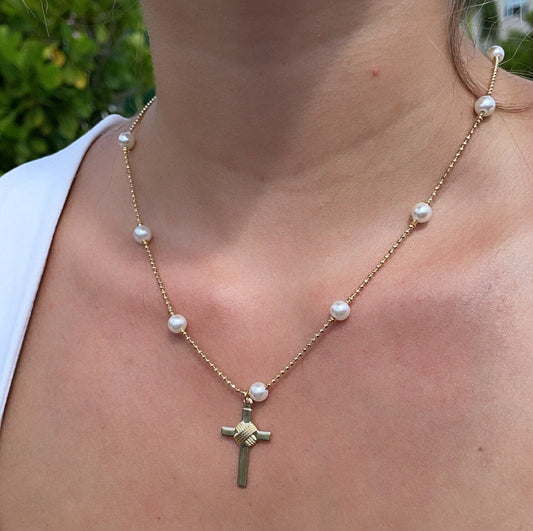 18k Gold Filled Cream Pearl Rosary Style Necklace, Fashion Catholic Pearl Rosary