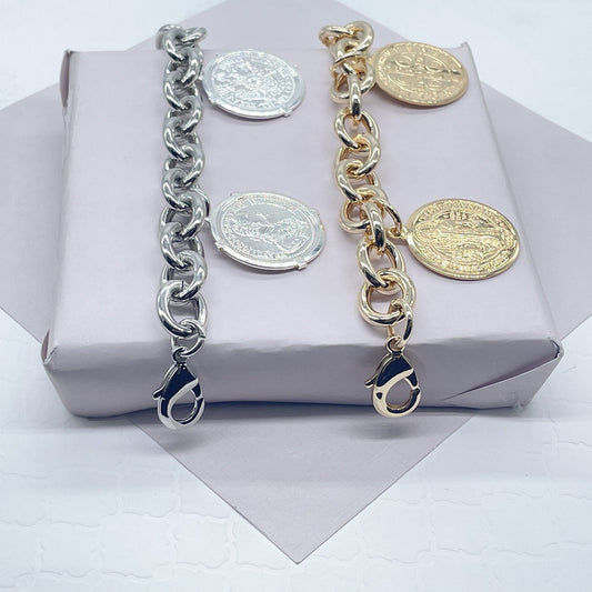 Chunky 18k Gold Filled Coin Charm Bracelet: Saint Benedict Medallion
