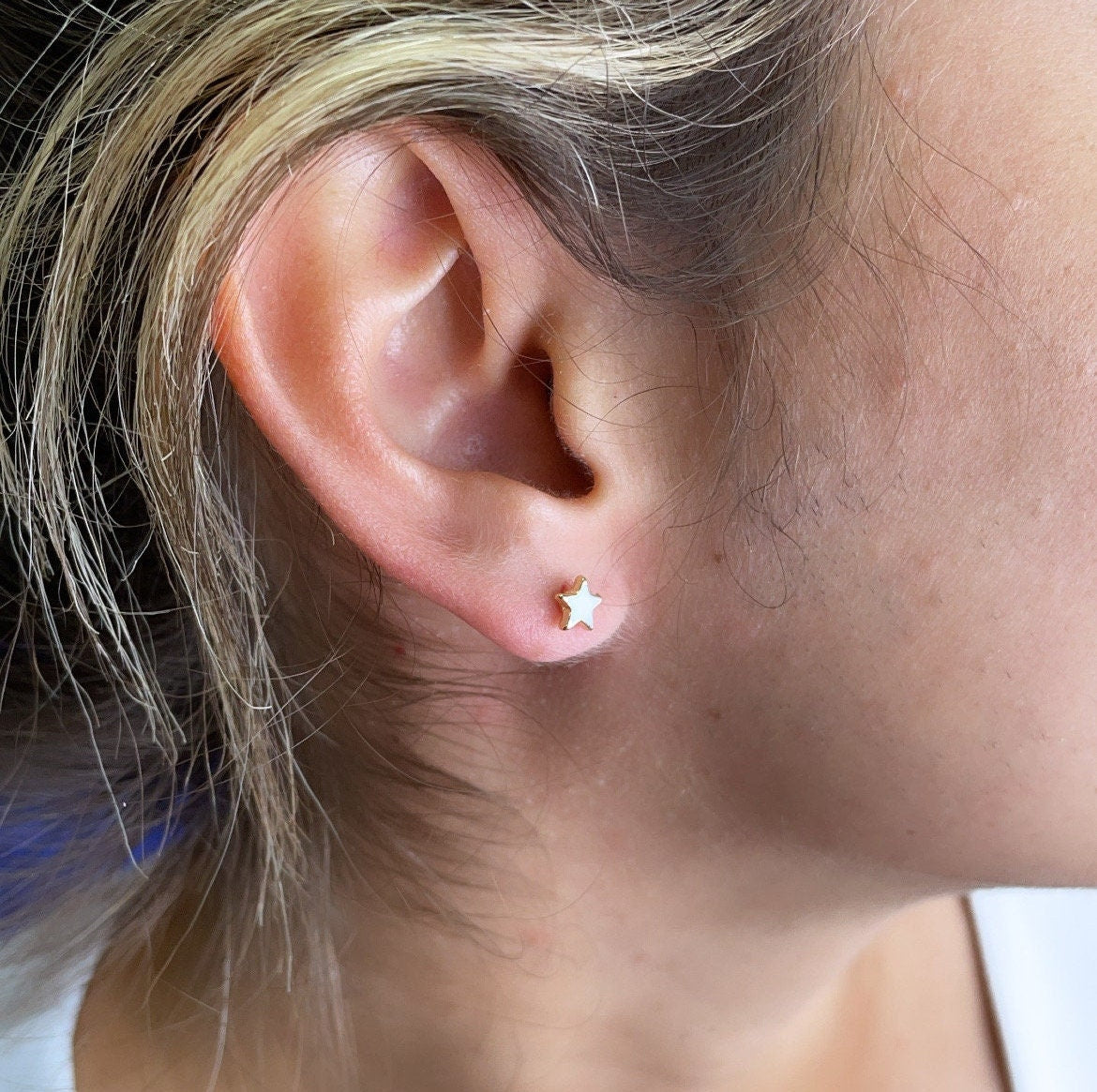 18k Gold Filled Colorful Stars Stud Earring White And Blue Patriotic Jewelry