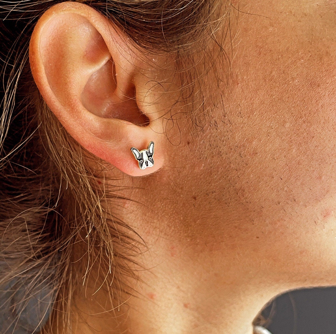 18k Gold Filled Enamel French Bulldog Face Stud Earrings Colored Black White
