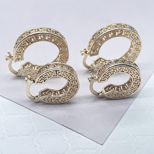 18k Gold Filled Hoop Earrings: Geometric Roman Pattern