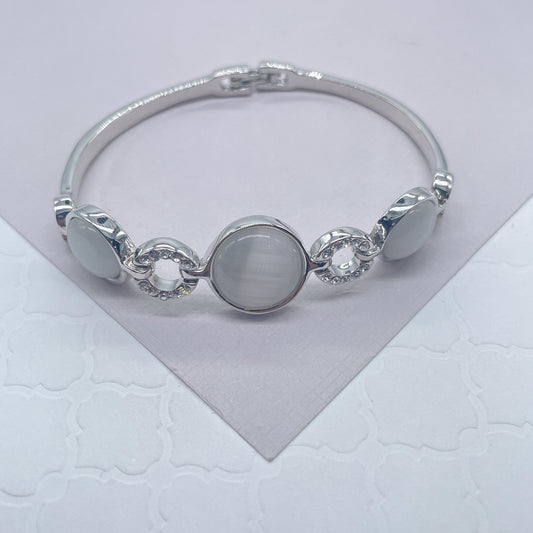 Silver Filled Cuff Bracelet with Milky White Colored Stones and Zirconia