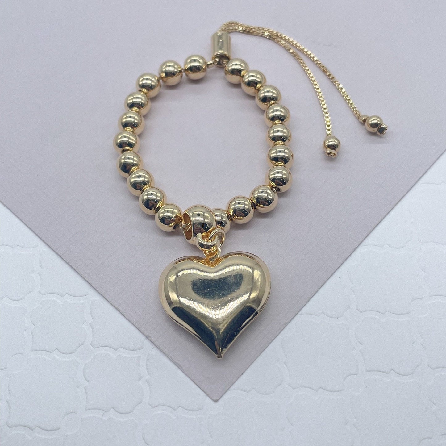18k Gold Layered Adjustable Gold Beaded Bracelet Featuring Chunky Plain Gold