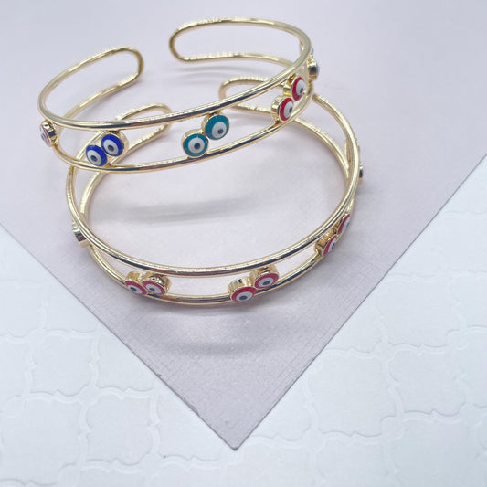 18k Gold Filled Evil Eye Cuff Bracelet: Flower, Heart, Round