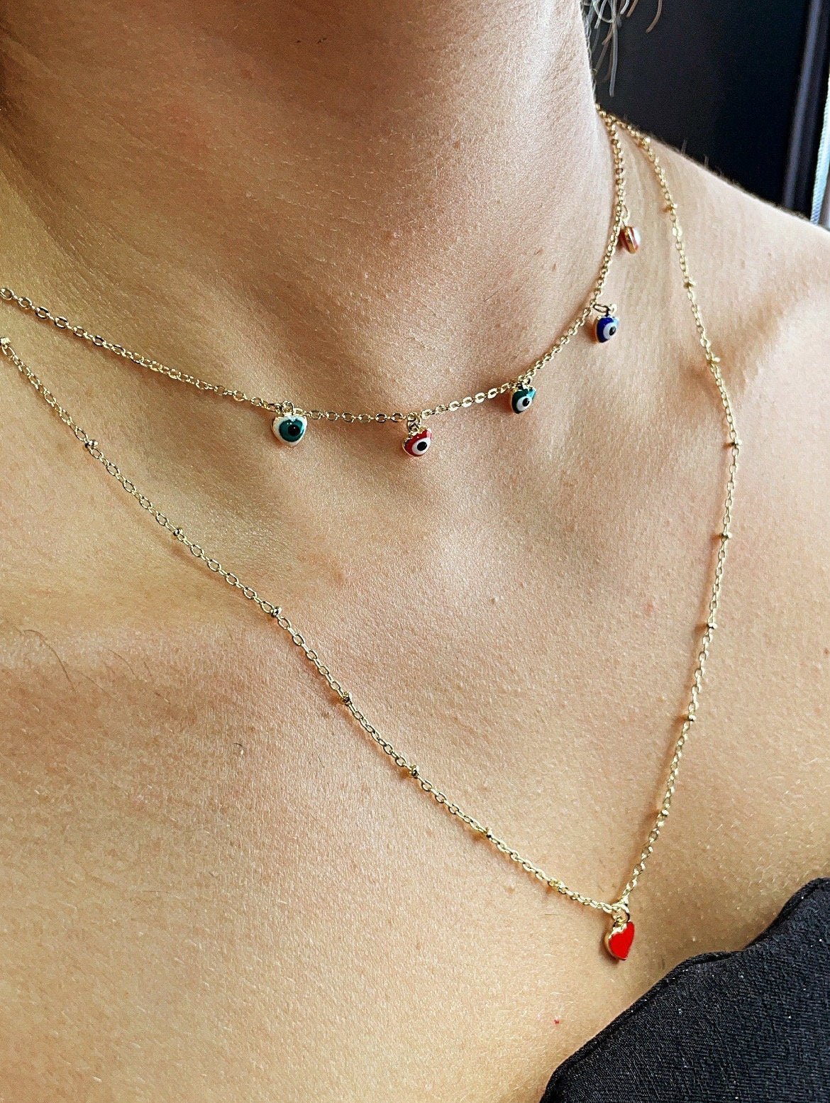 Gold Filled Layered Necklace: Evil Eye & Red Enamel Heart Charm