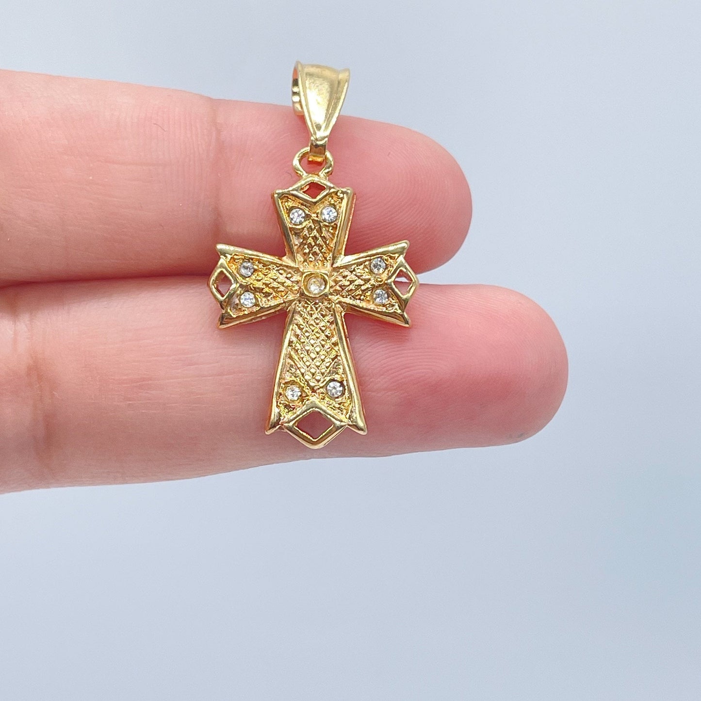 18k Gold Filled 1” Length Cross Pendant Charm with Cubic Zirconia, Religious Jewelry,