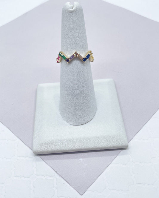 18k Gold Filled Zig Zag Multi Color Micro Pave Cubic Zirconia Stones Ring, Stackable CZ Ring Band