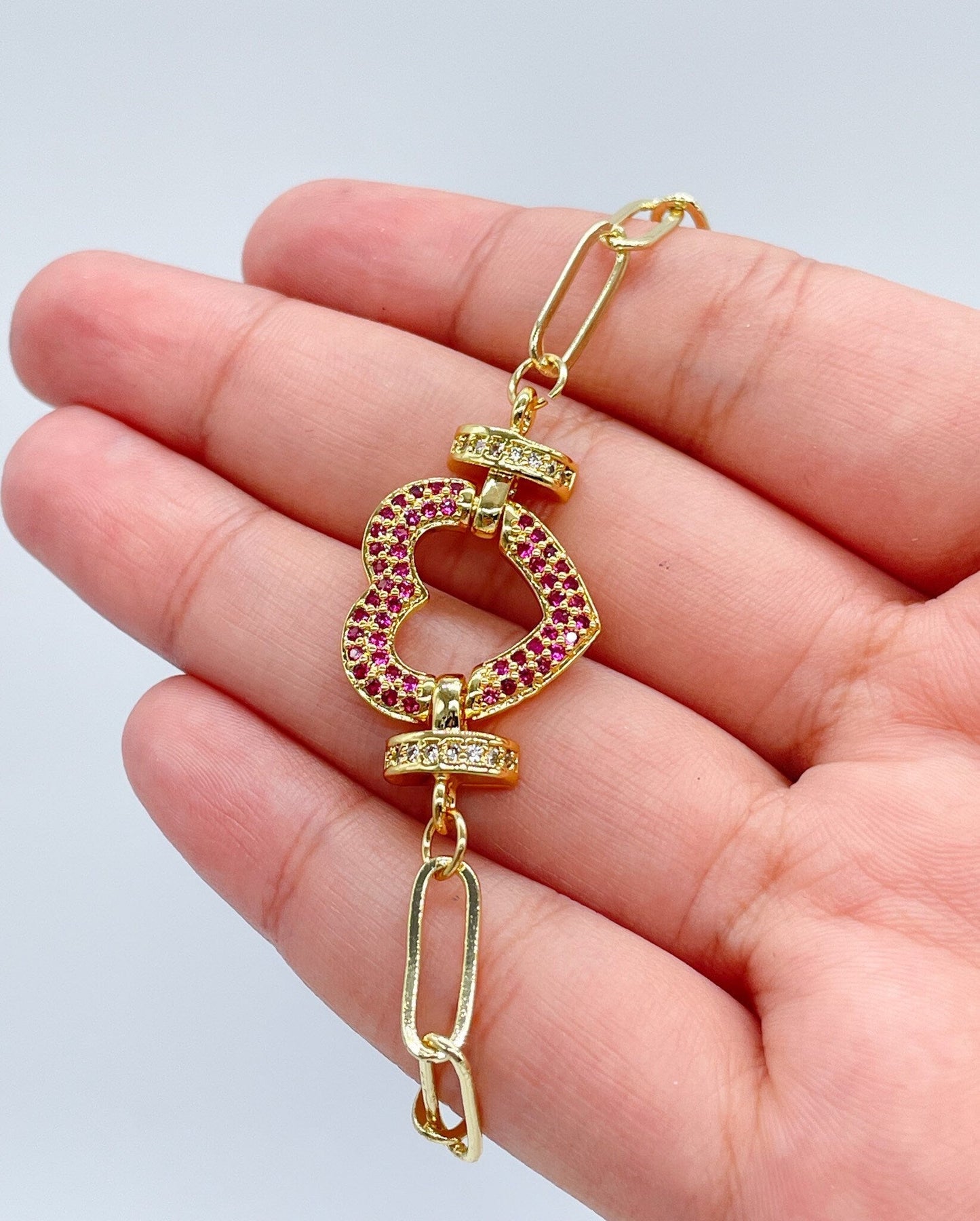 18k Gold Filled Paper Clip Link Bracelet Featuring Micro Pave Cubic Zirconia Heart Charm With CZ Connectors Jewelry