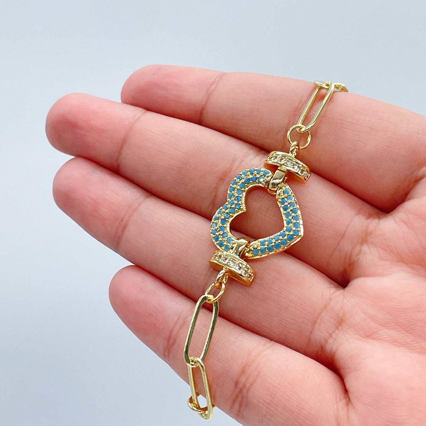 18k Gold Filled Paper Clip Link Bracelet Featuring Micro Pave Cubic Zirconia Heart Charm With CZ Connectors Jewelry