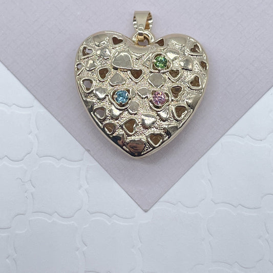 Double Sided 18k Gold Filled Puffy Heart Pendant Charm Featuring Multicolor CZ In One Side And Clear CZ In Another Side Jewelry