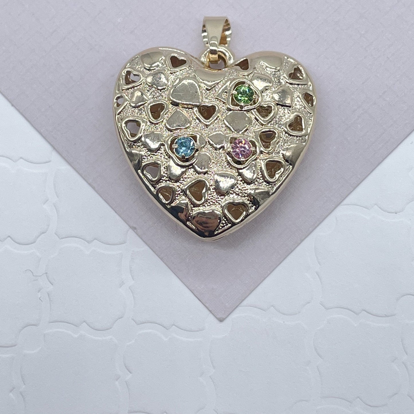 Double Sided 18k Gold Filled Puffy Heart Pendant Charm Featuring Multicolor CZ In One Side And Clear CZ In Another Side Jewelry