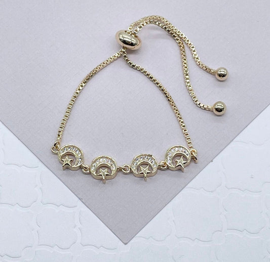 18k Gold Filled Moon and Star Adjustable Bracelet Featuring Cubic Zirconia,