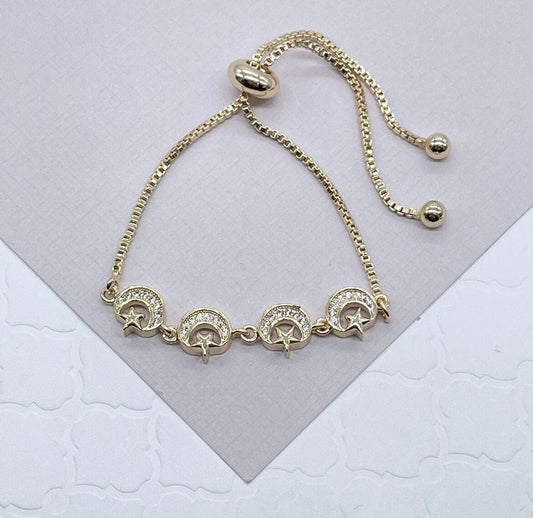 18k Gold Filled Moon and Star Bracelet: Cubic Zirconia Adjustable Box Chain