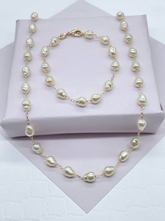 18k Gold Filled Pearl Jewelry Set: Cream Biwa Pearl Necklace & Bracelet