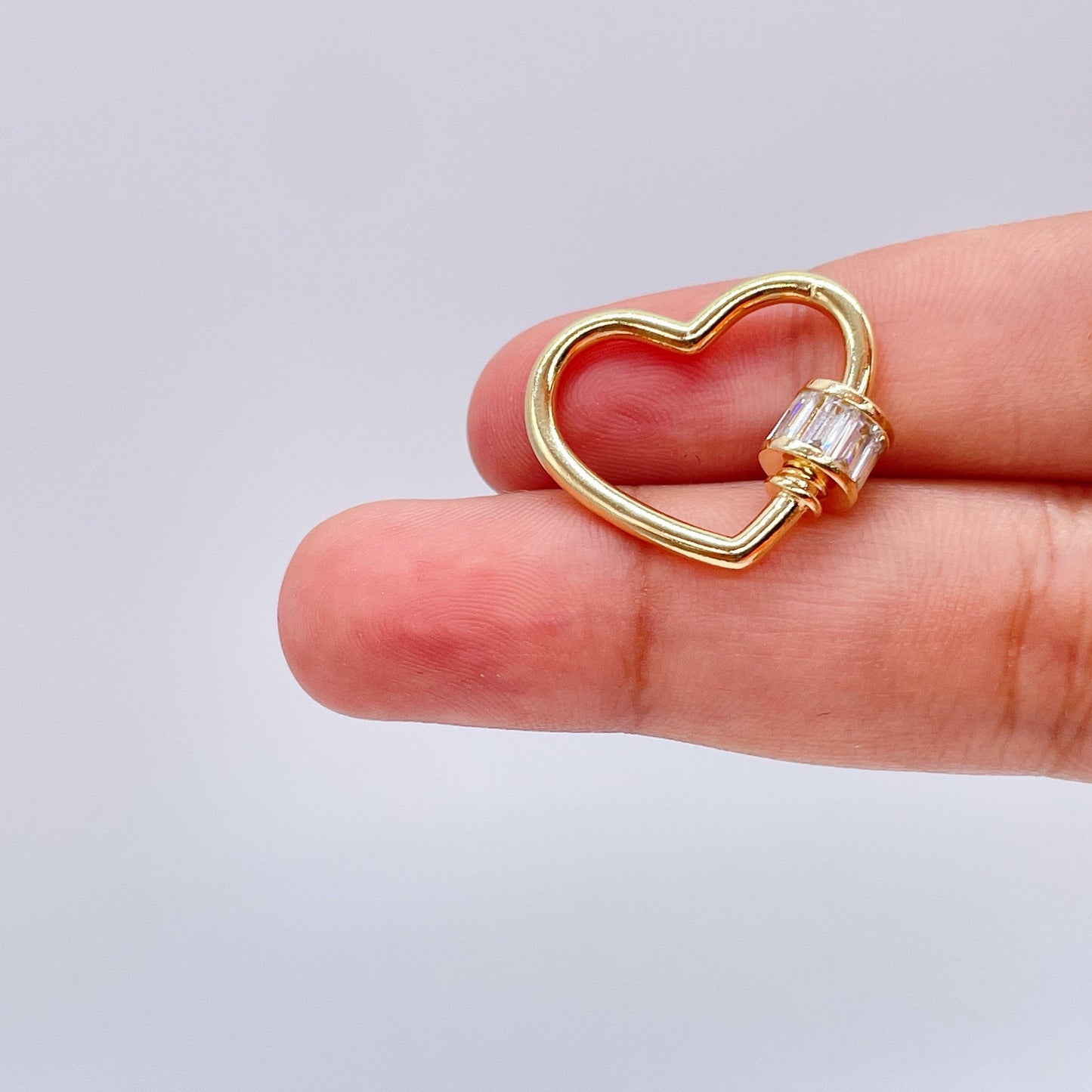 Unique 18k Gold Filled Heart Shape Carabiner Lock Clasp Featuring Clear Baguette