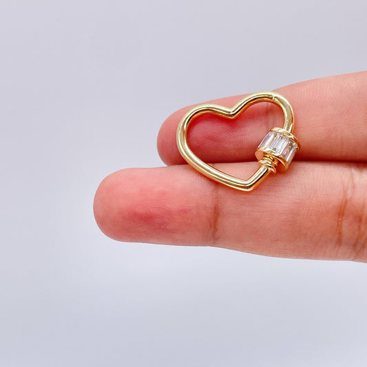Unique 18k Gold Filled Heart Shape Carabiner Lock Clasp Featuring Clear Baguette