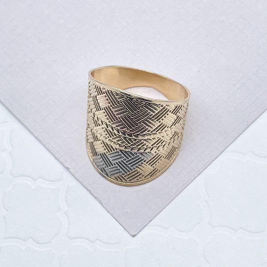 Large 18k Gold Filled Geometric Patterned Tri-Color Ring Jewelry
