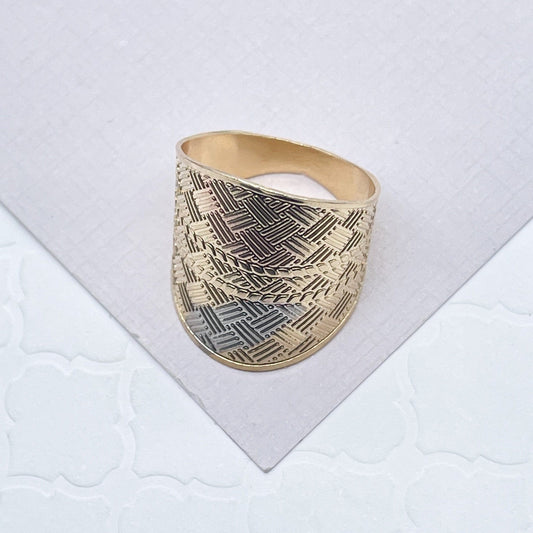 Large 18k Gold Filled Geometric Patterned Tri-Color Ring Wholesale Jewelry