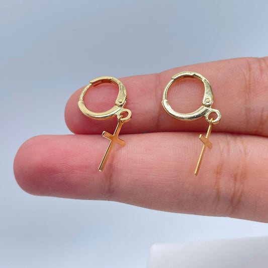 18k Gold Filled Tiny Plain Hanging Cross Hoop Earrings Jewelry