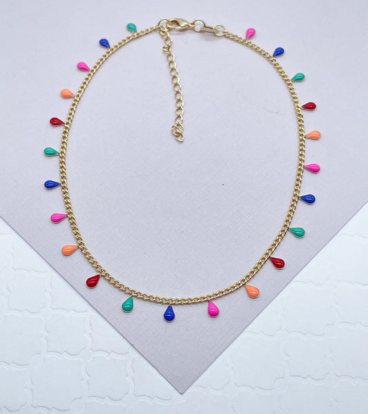 18k Gold Filled Multicolor Tiny Teardrop Charm Anklet, Colorful Jewelry, Supplies