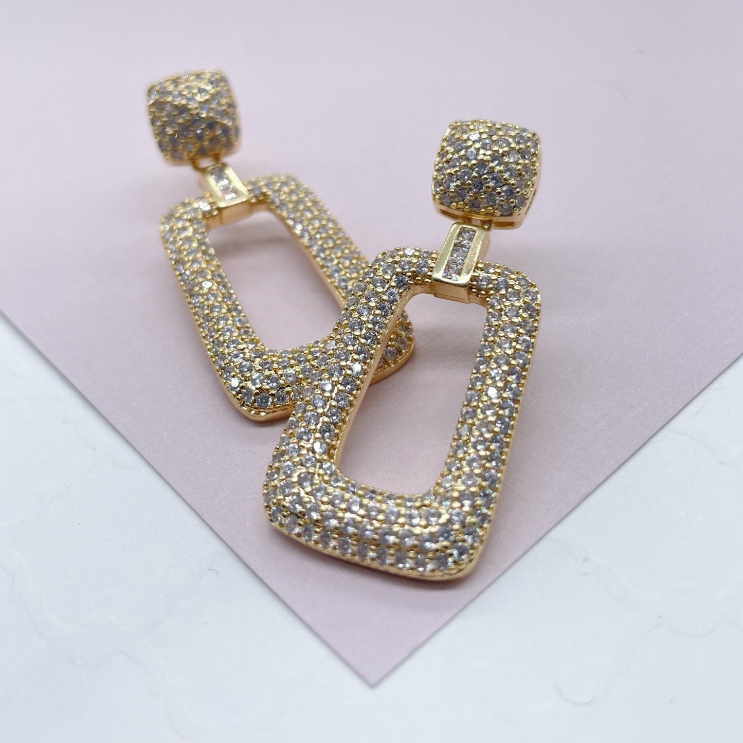 18K Gold Layered Square Micro Pave Cubic Zicornia Dangling Party Earrings