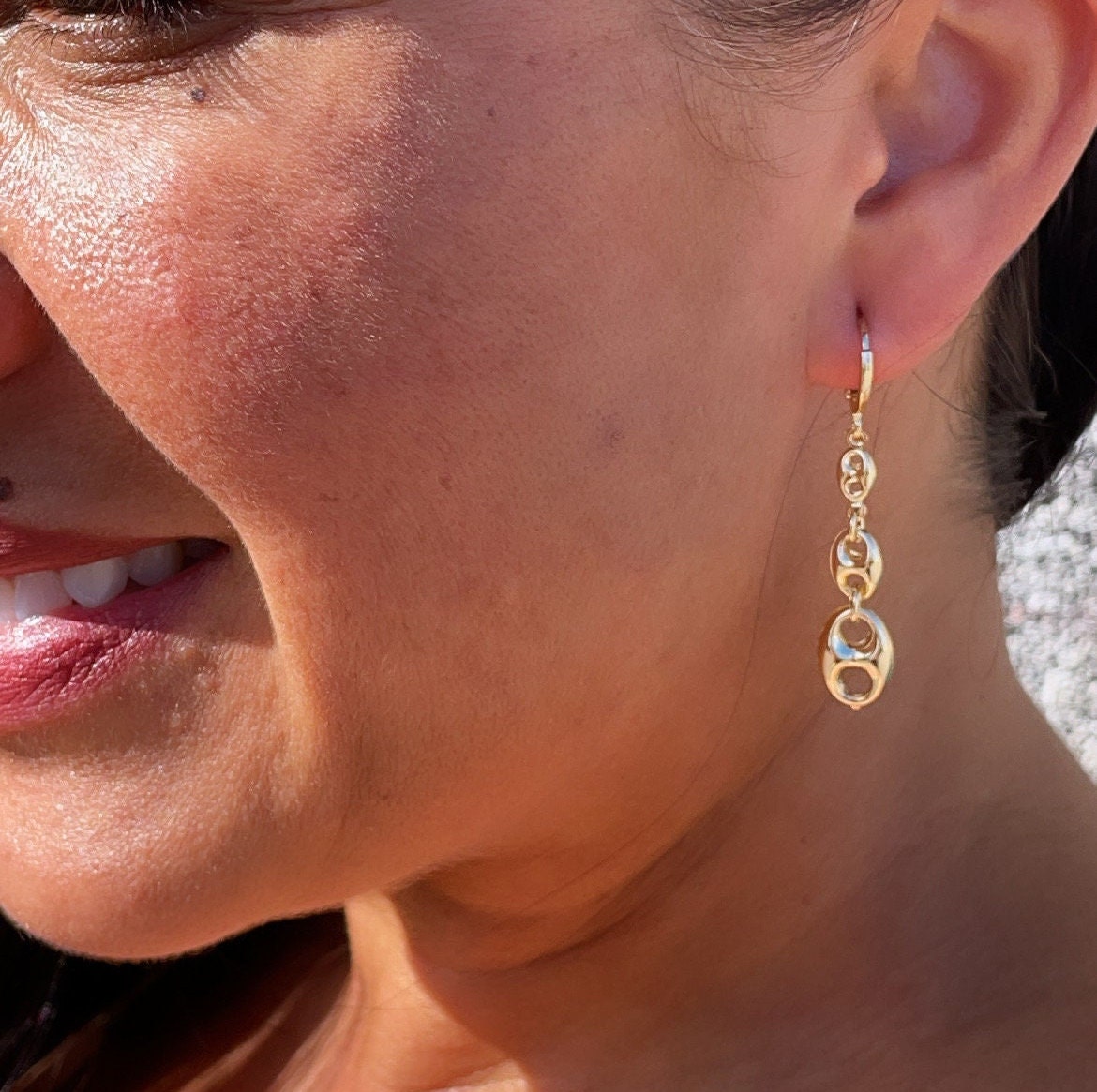 18k Gold Filled Three Mariner Link Dangling Earrings In A Leverback Jewelry