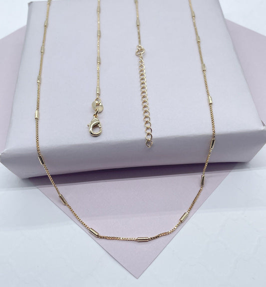 18k Gold Filled 1mm Dainty Interspersed Bar Dash Box Chain Necklace Supplies Designers
