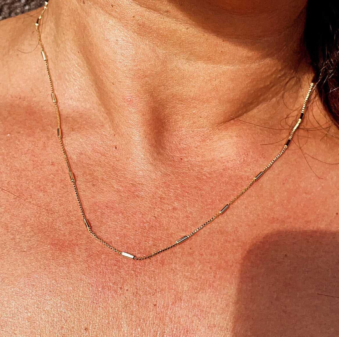 18k Gold Filled 1mm Dainty Interspersed Bar Dash Box Chain Necklace Supplies Designers