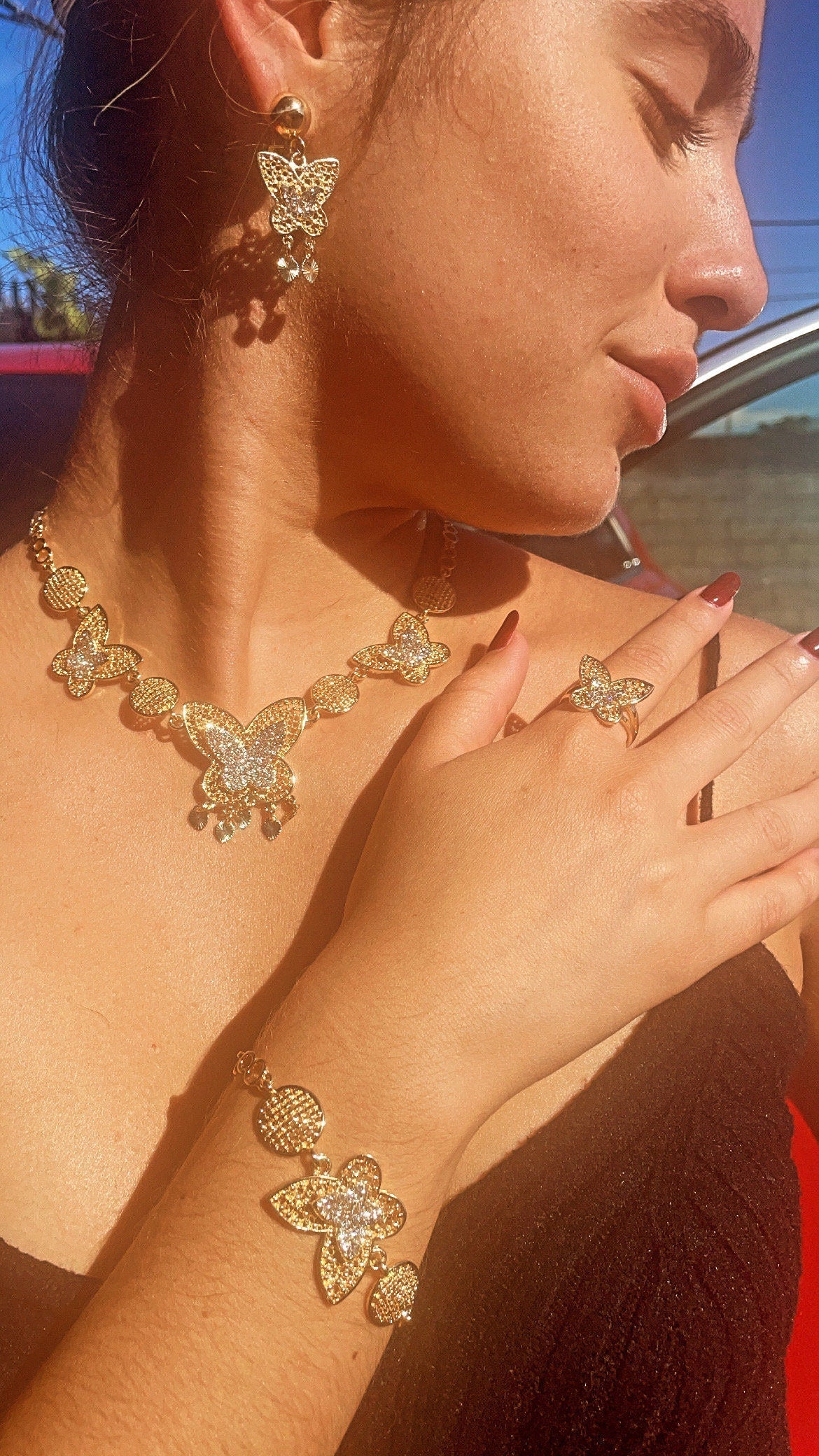 18k Gold Filled Butterfly Jewelry Set: Cubic Zirconia Necklace & Bracelet