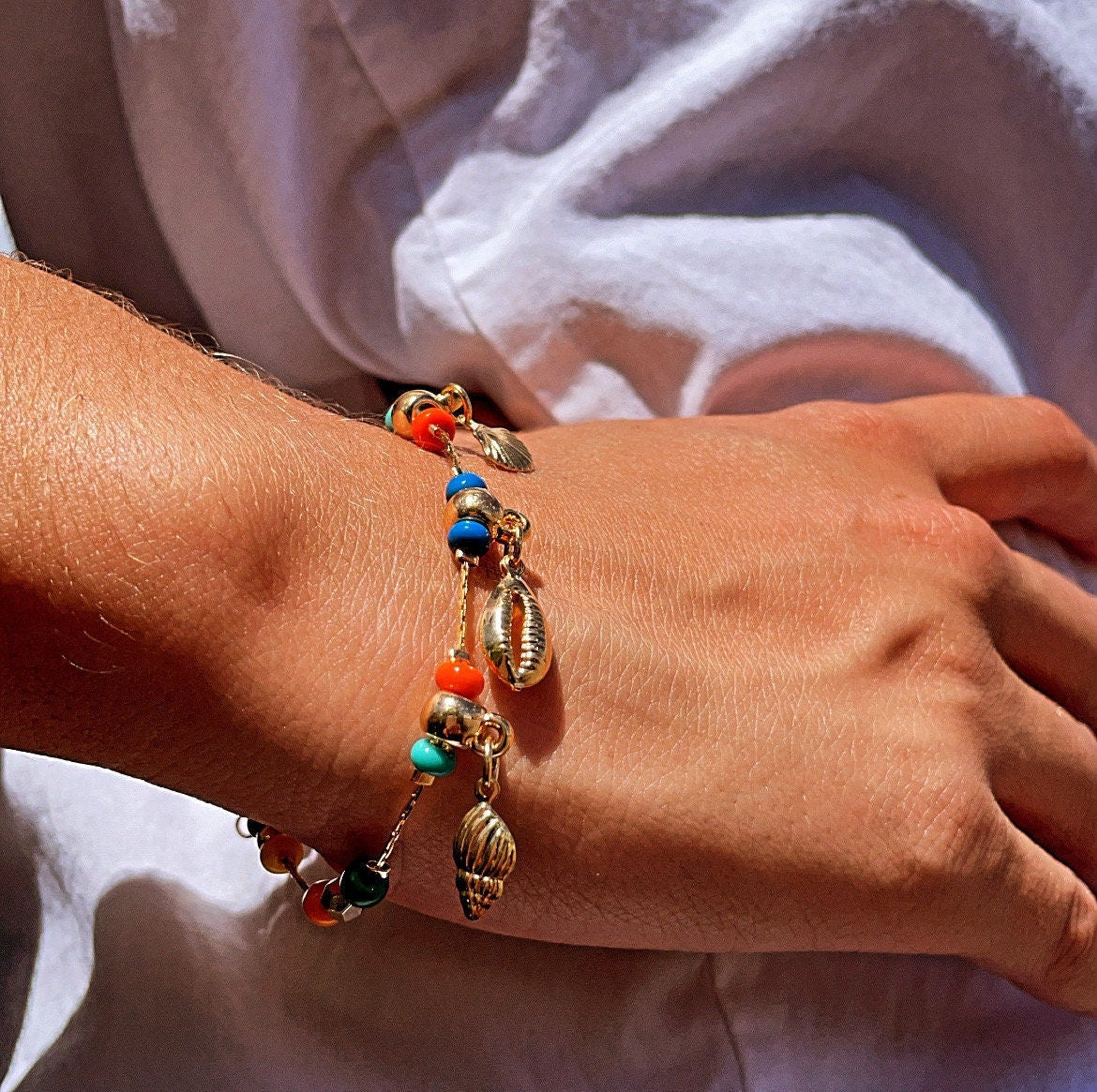 18k Gold Filled Cowrie Shell Bracelet: Colorful Beaded Marine Jewelry