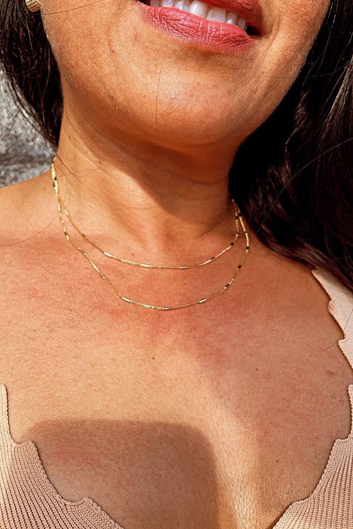 18k Gold Filled 1mm Dainty Interspersed Bar Dash Box Chain Necklace Supplies Designers