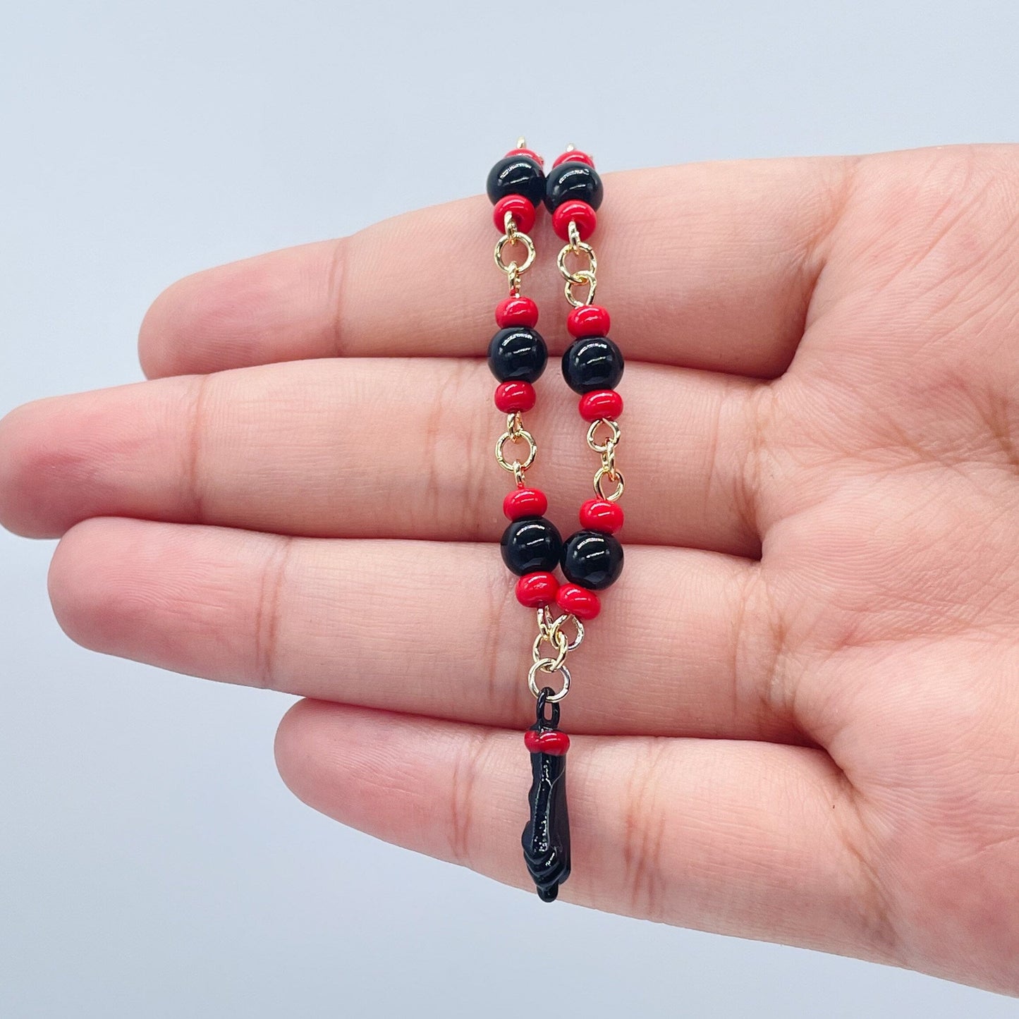 18k Gold Filled Beaded Anklet: Black Figa Charm, Good Luck Protection