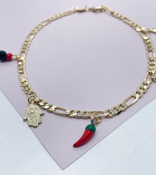 18k Gold Filled Figaro Anklet: Hamsa, Azabache, Chili, Evil Eye Charms