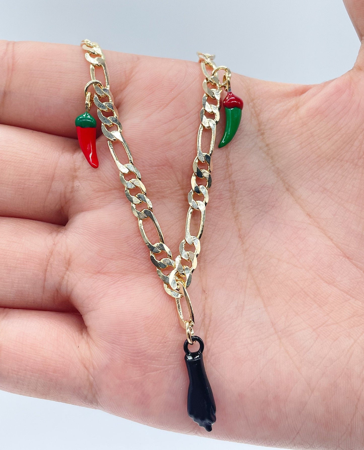 18k Gold Filled Figaro Charm Bracelet: Black Figa Hand & Chili Peppers